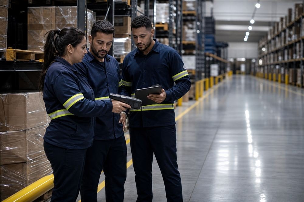 Equipe logística reunida em um centro de distribuição